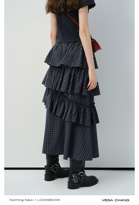 Ruffled Tiered Plaid Maxi Skirt With Side Slit