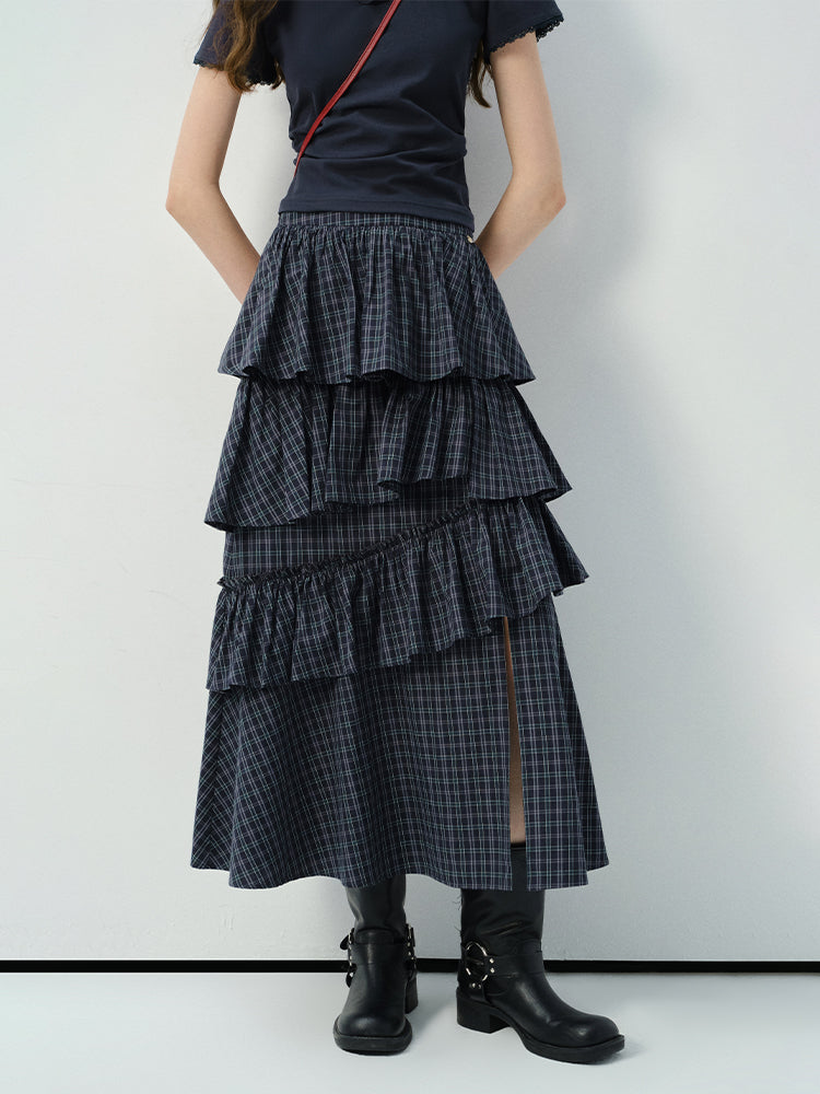 Ruffled Tiered Plaid Maxi Skirt With Side Slit