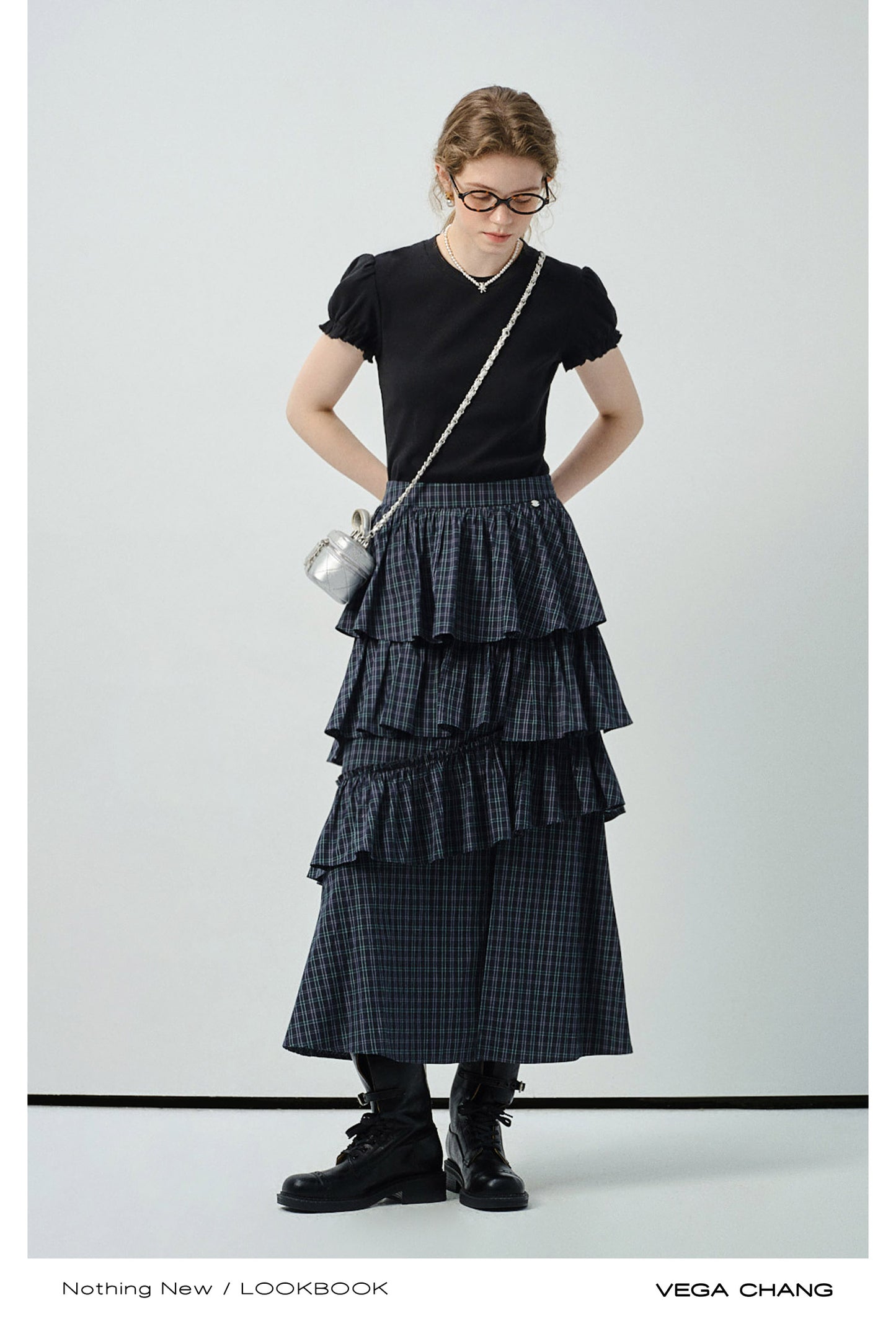 Ruffled Tiered Plaid Maxi Skirt With Side Slit