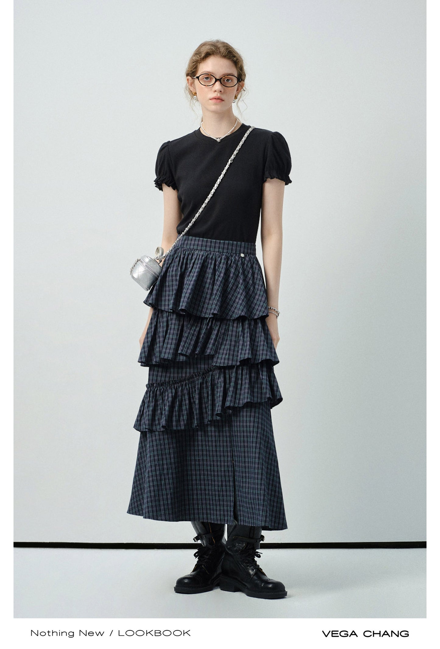 Ruffled Tiered Plaid Maxi Skirt With Side Slit