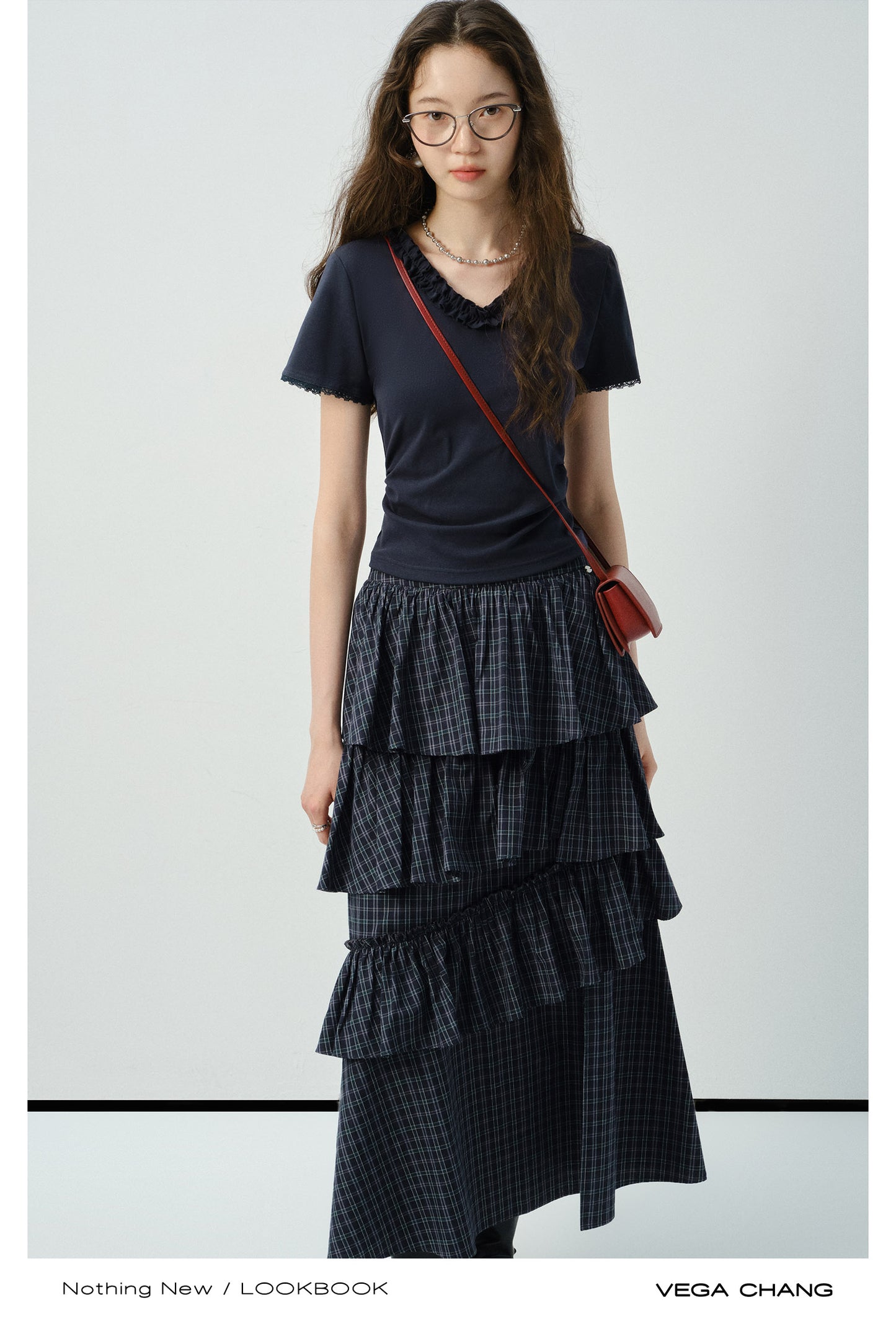 Ruffled Tiered Plaid Maxi Skirt With Side Slit