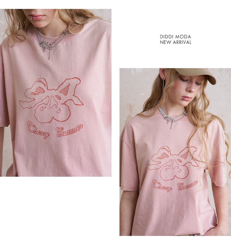 Washed Cotton T-Shirt With Cherry Embroidery