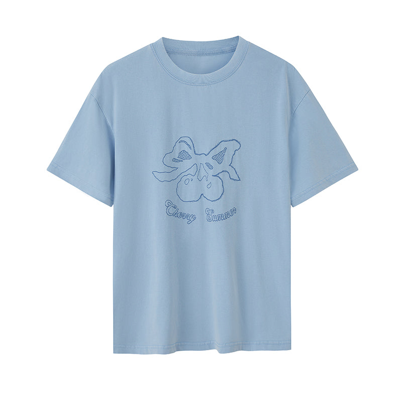Washed Cotton T-Shirt With Cherry Embroidery