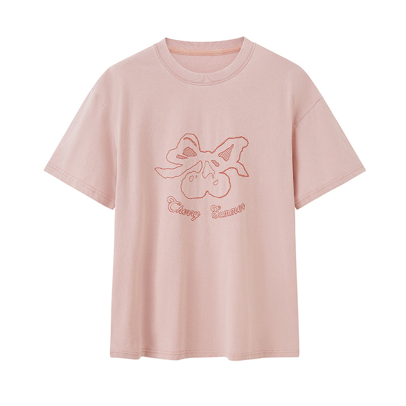 Washed Cotton T-Shirt With Cherry Embroidery