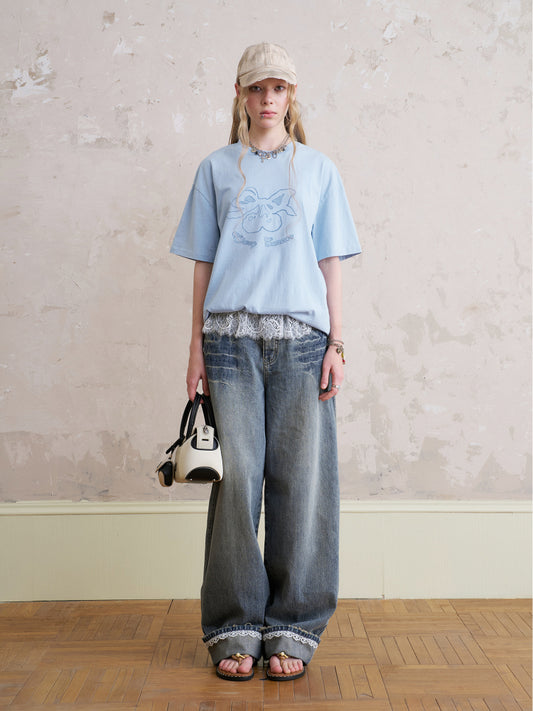 Washed Cotton T-Shirt With Cherry Embroidery