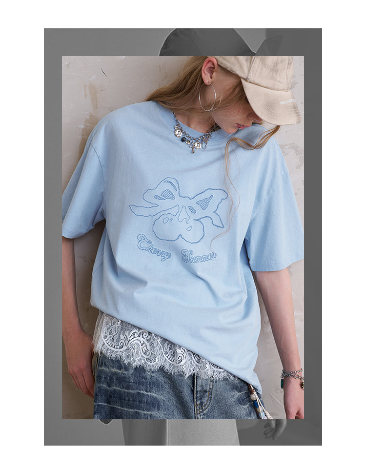 Washed Cotton T-Shirt With Cherry Embroidery