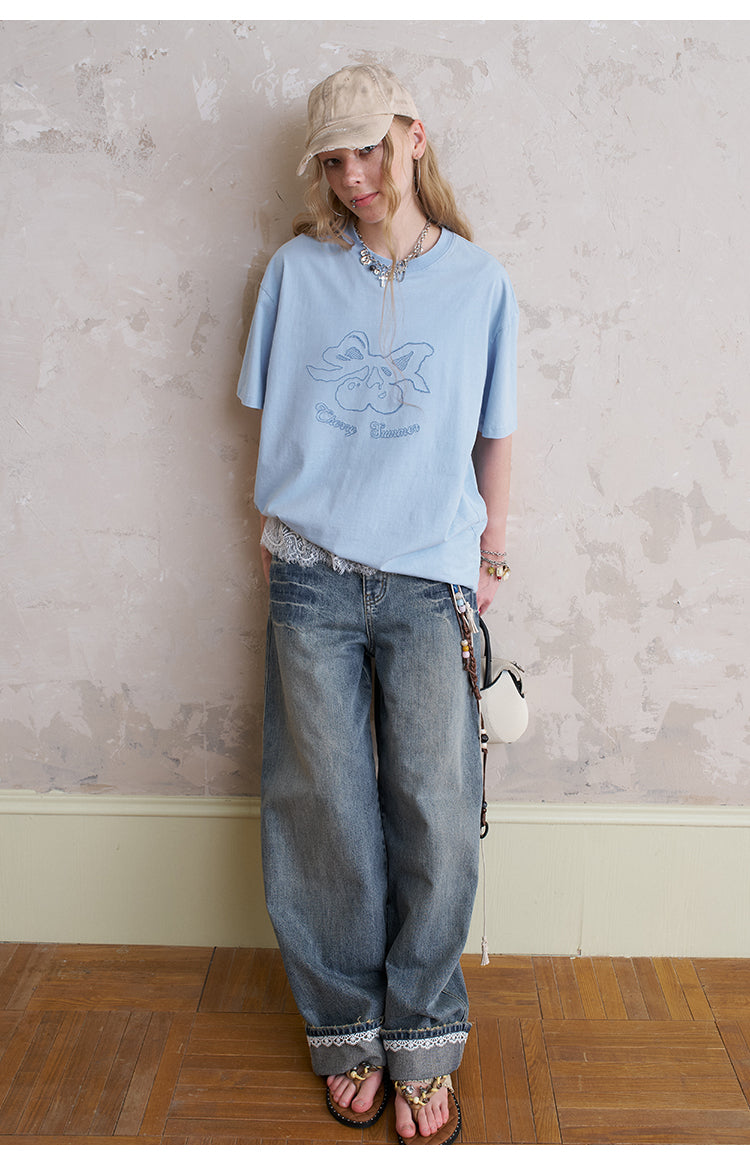 Washed Cotton T-Shirt With Cherry Embroidery