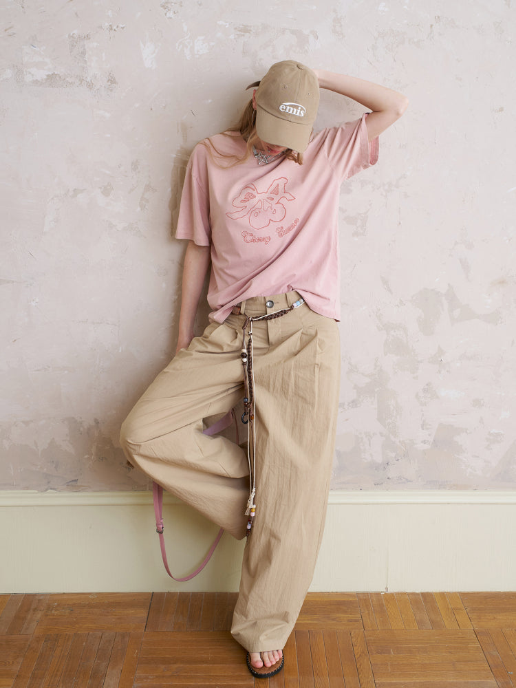 Washed Cotton T-Shirt With Cherry Embroidery