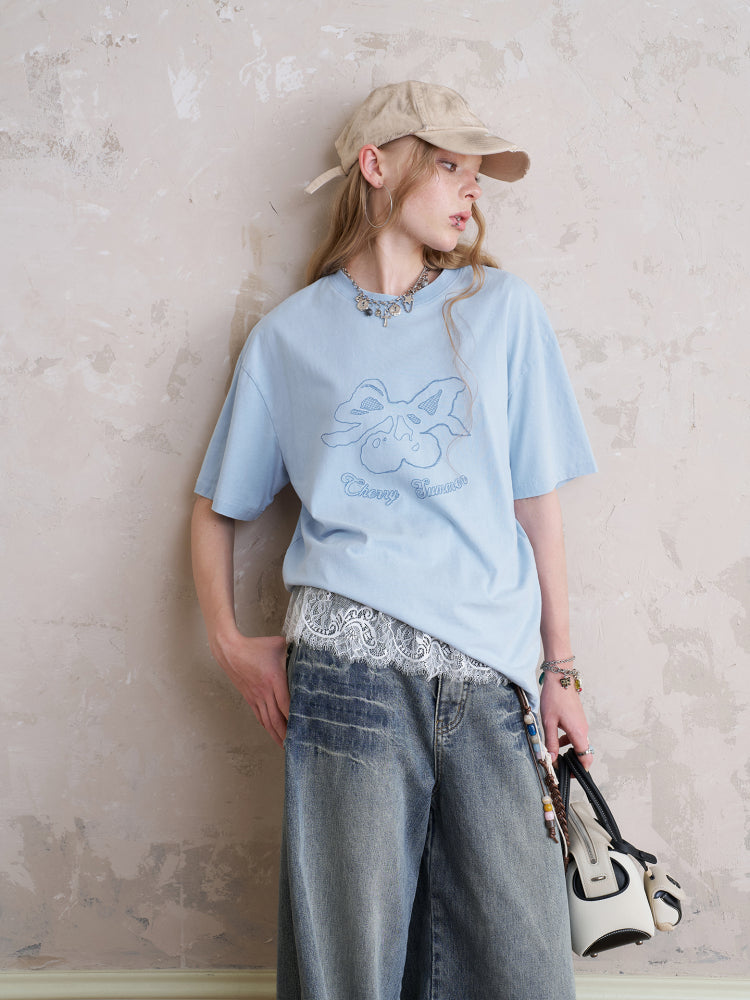 Washed Cotton T-Shirt With Cherry Embroidery