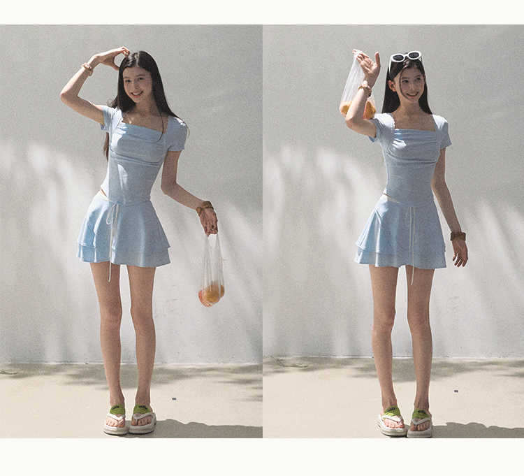 Lace-Trimmed T-Shirt & Tiered Mini Skirt