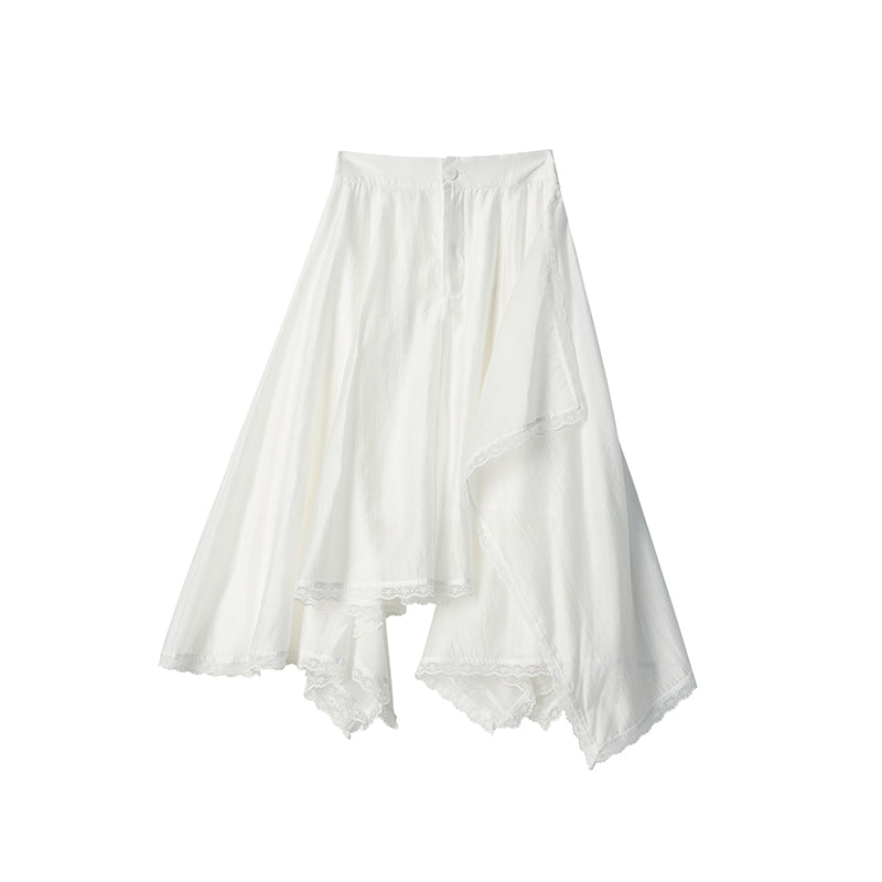 Lace-Trimmed Glossy Asymmetrical Skirt