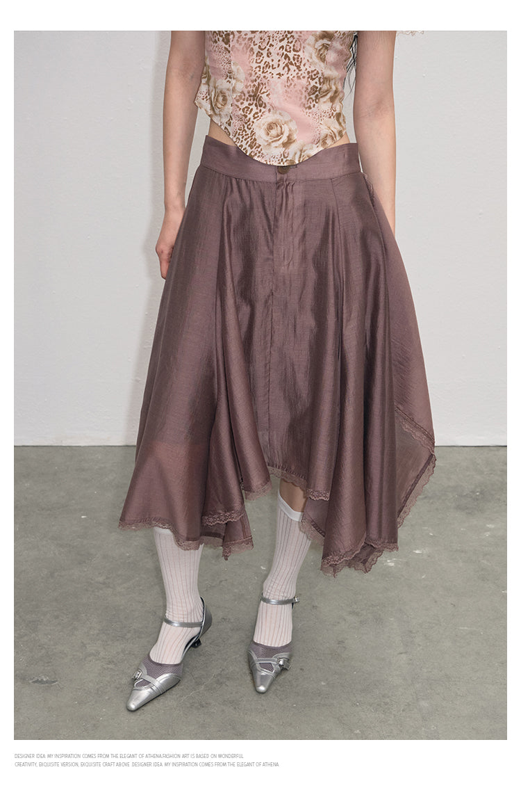 Lace-Trimmed Glossy Asymmetrical Skirt
