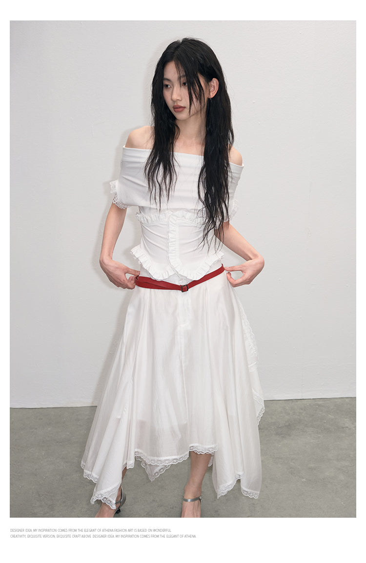 Lace-Trimmed Glossy Asymmetrical Skirt