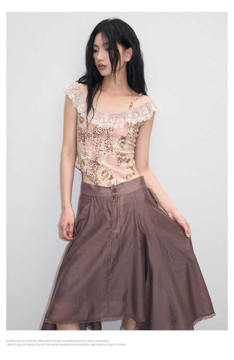 Lace-Trimmed Glossy Asymmetrical Skirt