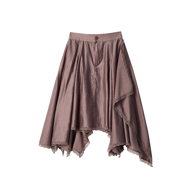 Lace-Trimmed Glossy Asymmetrical Skirt