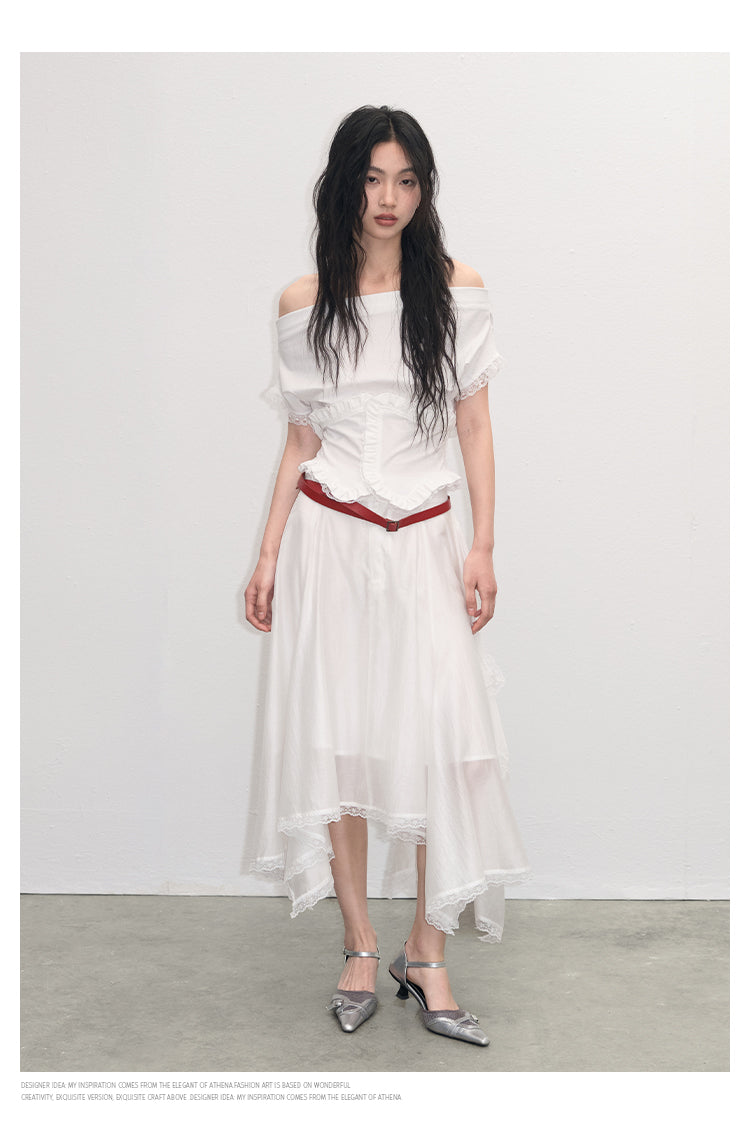 Lace-Trimmed Glossy Asymmetrical Skirt