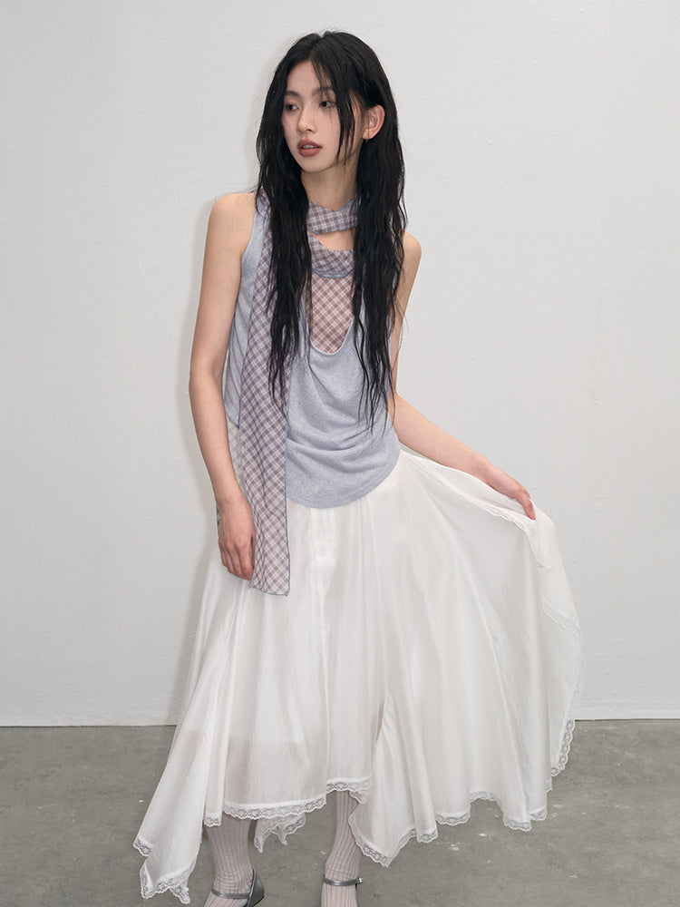 Lace-Trimmed Glossy Asymmetrical Skirt