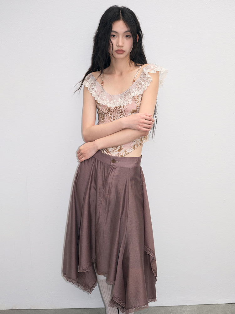 Lace-Trimmed Glossy Asymmetrical Skirt