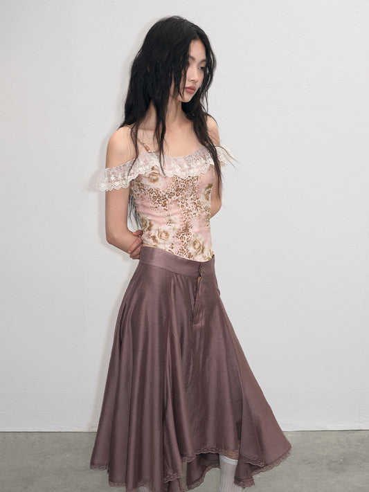 Lace-Trimmed Glossy Asymmetrical Skirt