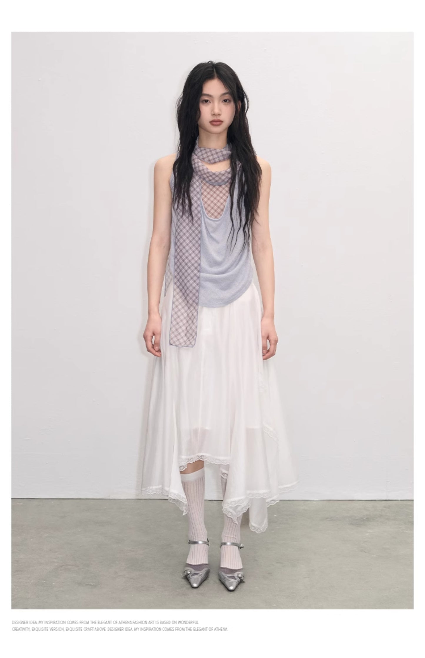 Lace-Trimmed Glossy Asymmetrical Skirt