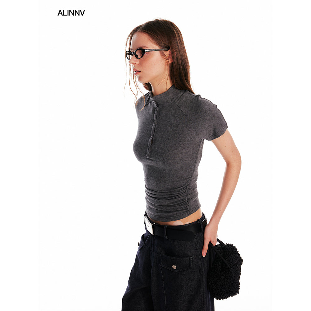 High Neck Cut-Out Back Fitted T-Shirt