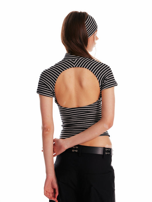 High Neck Cut-Out Back Fitted T-Shirt