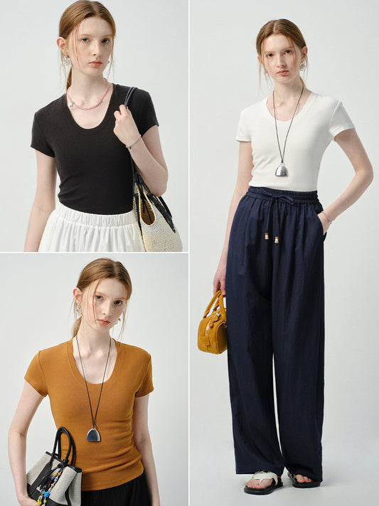 Basic Solid U-Neck Slim T-Shirt