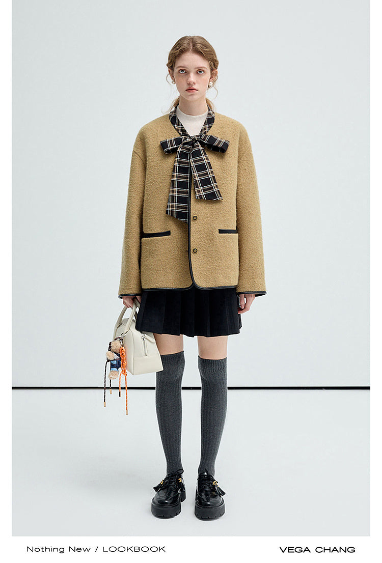 Twill Wool Blend Plaid Jacket With Tie Neck