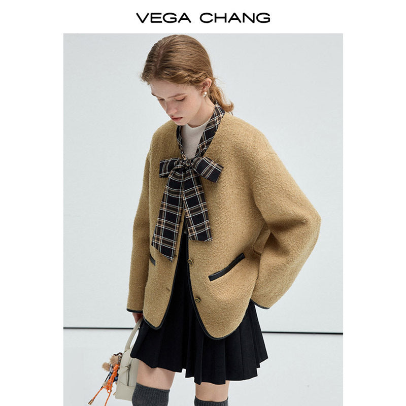 Twill Wool Blend Plaid Jacket With Tie Neck