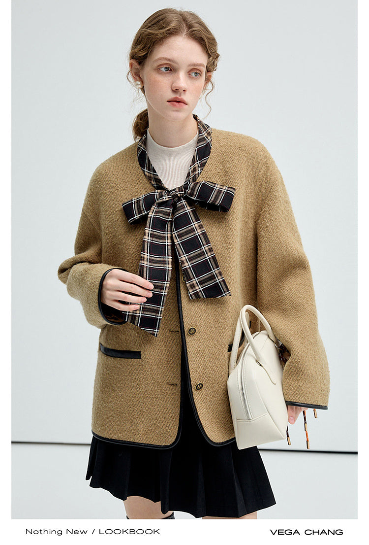 Twill Wool Blend Plaid Jacket With Tie Neck