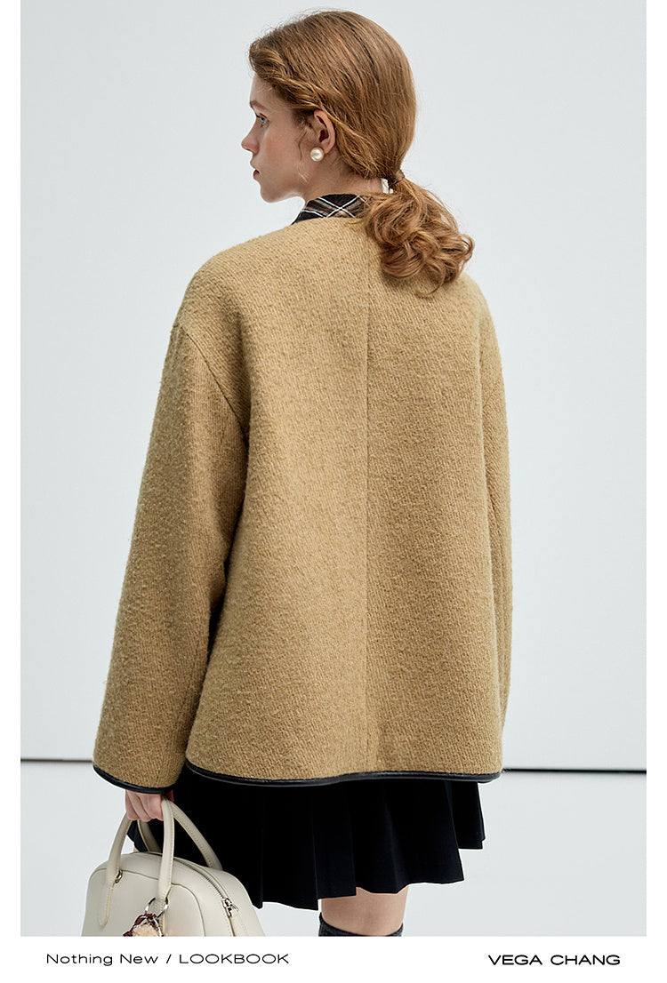 Twill Wool Blend Plaid Jacket With Tie Neck