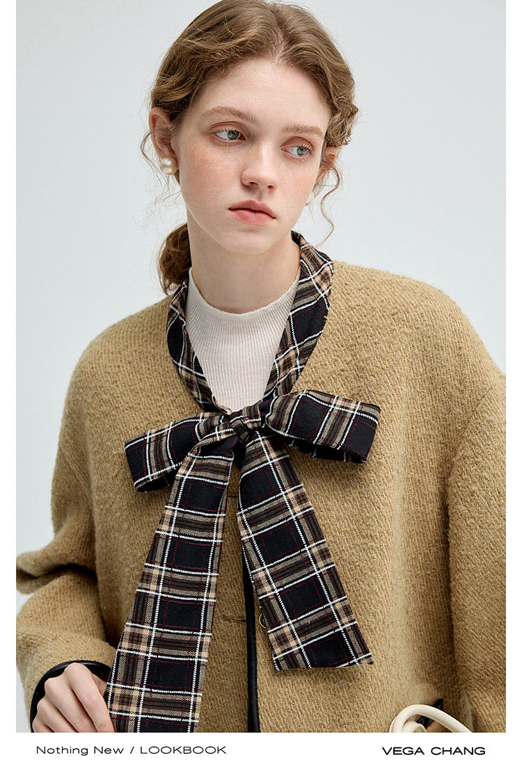 Twill Wool Blend Plaid Jacket With Tie Neck