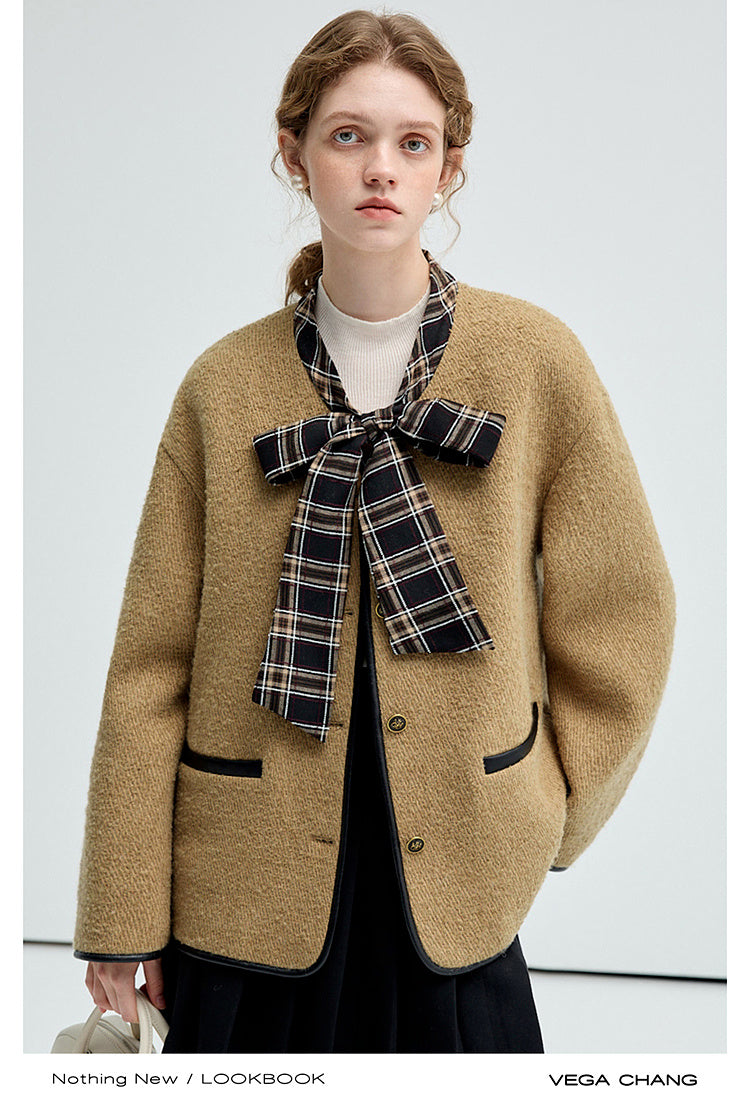 Twill Wool Blend Plaid Jacket With Tie Neck