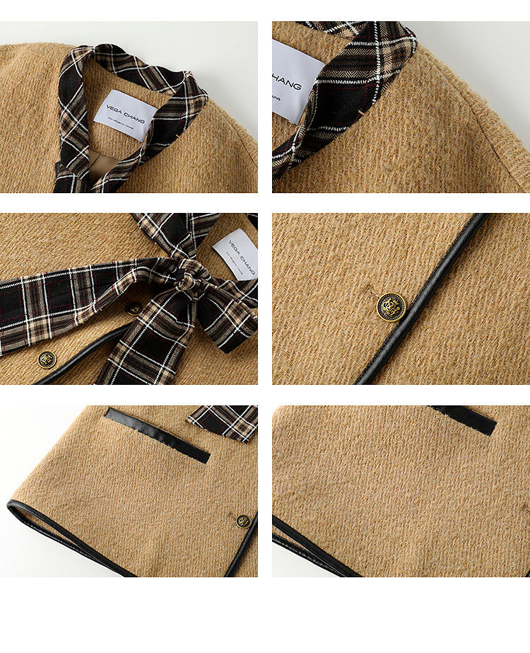 Twill Wool Blend Plaid Jacket With Tie Neck
