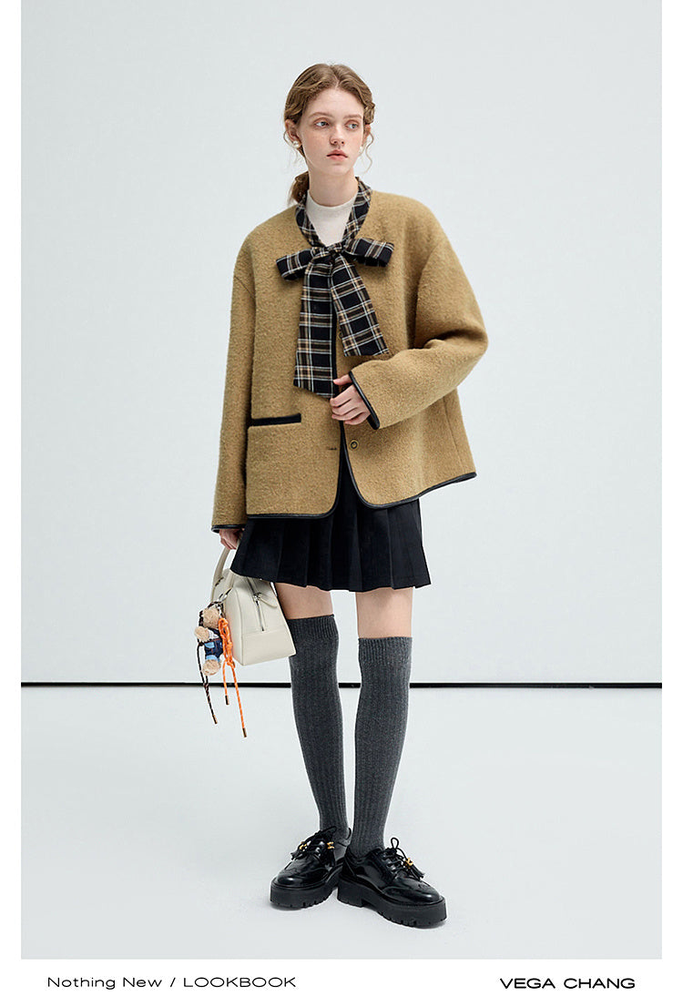 Twill Wool Blend Plaid Jacket With Tie Neck