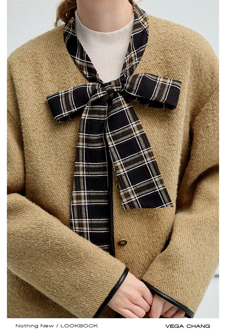 Twill Wool Blend Plaid Jacket With Tie Neck