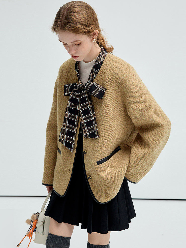 Twill Wool Blend Plaid Jacket With Tie Neck