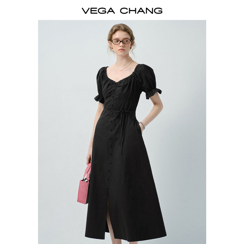 Zip-Up Puff Sleeve Shirt Dress With Slit
