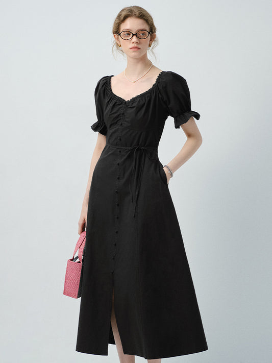 Zip-Up Puff Sleeve Shirt Dress With Slit