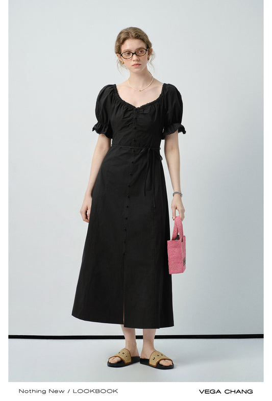 Zip-Up Puff Sleeve Shirt Dress With Slit