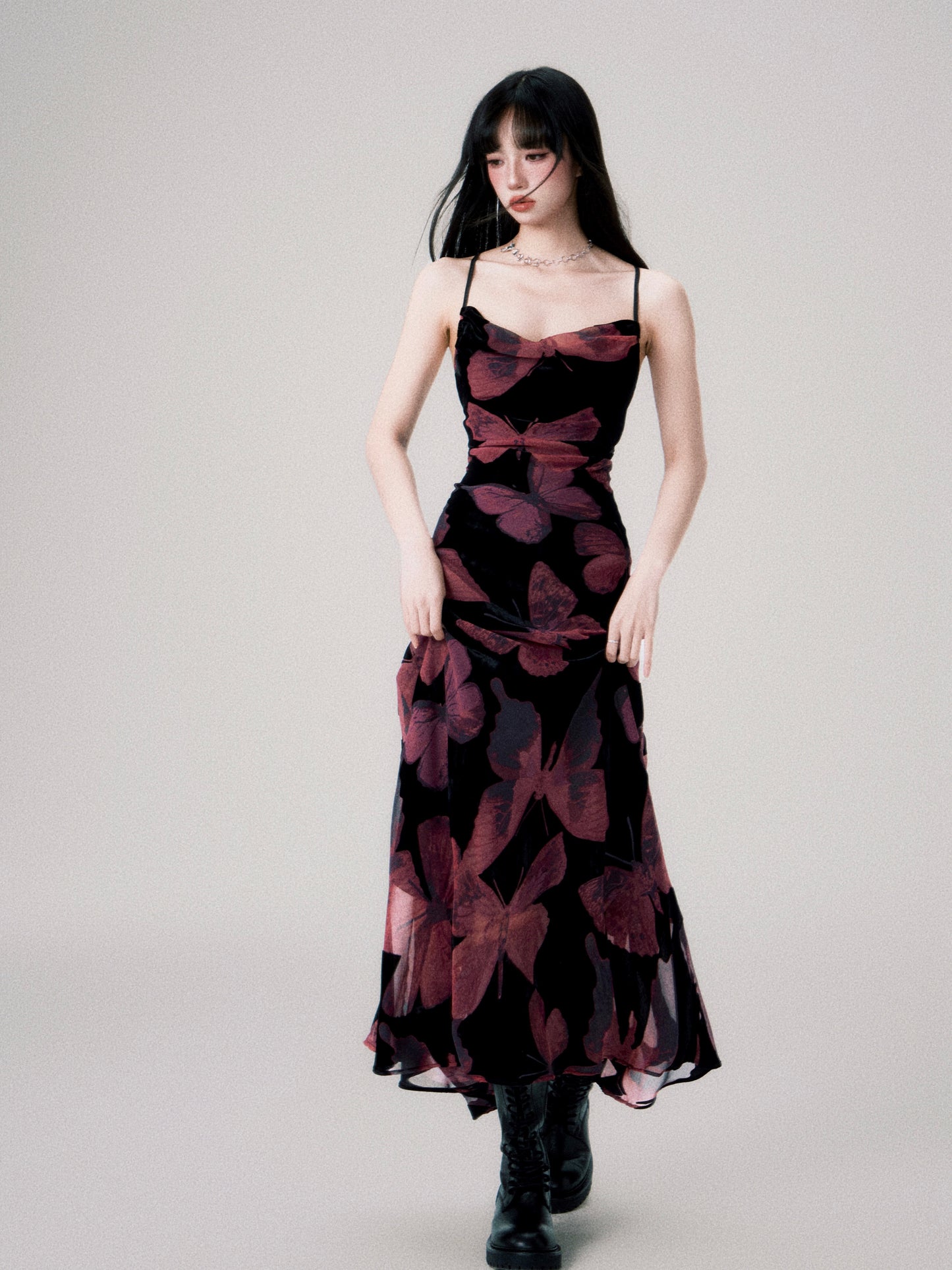 Cinematic Butterfly Print Cross-Strap Cami Dress