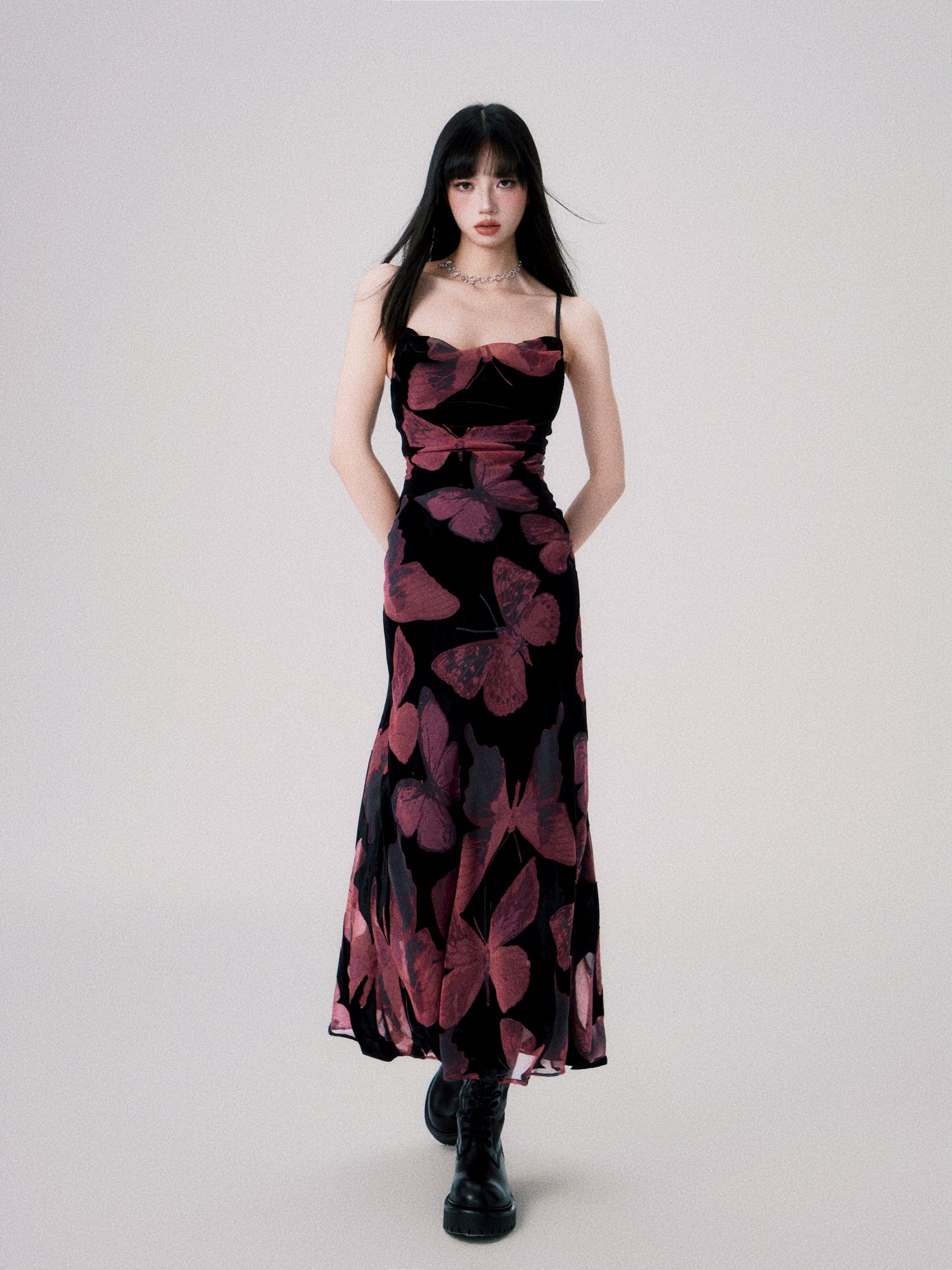Cinematic Butterfly Print Cross-Strap Cami Dress