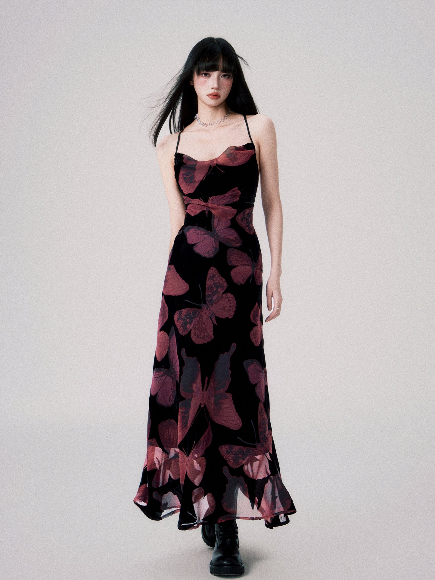 Cinematic Butterfly Print Cross-Strap Cami Dress