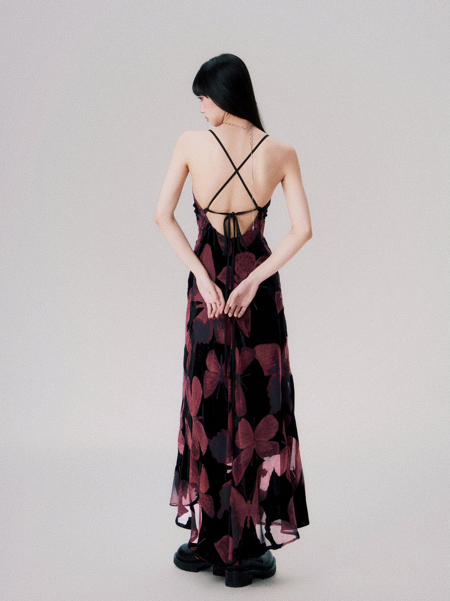 Cinematic Butterfly Print Cross-Strap Cami Dress