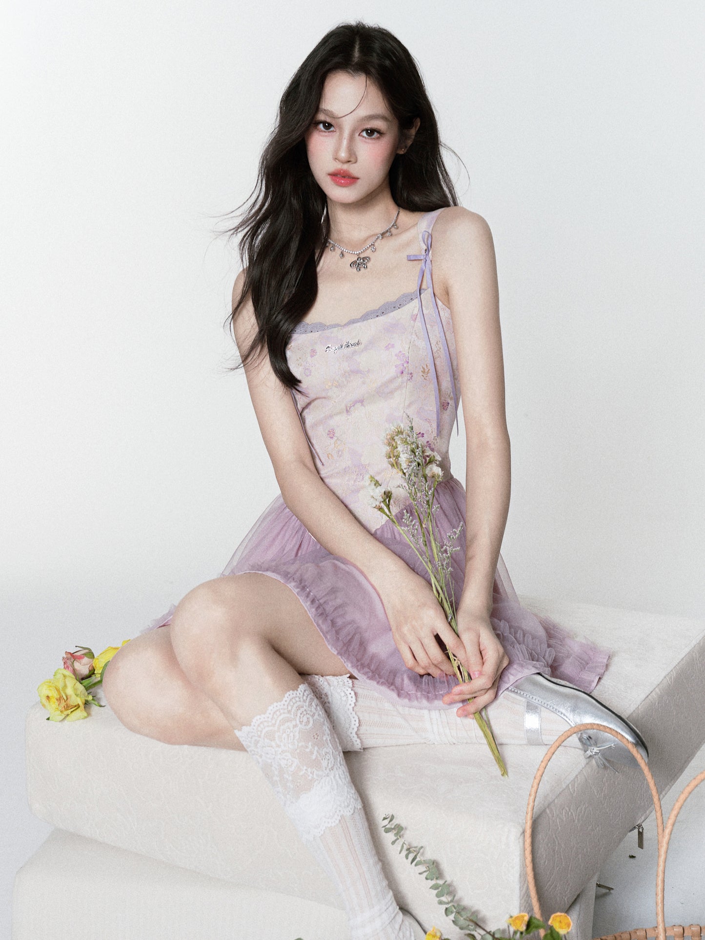 Floral Jacquard V-Waist Strappy Dress