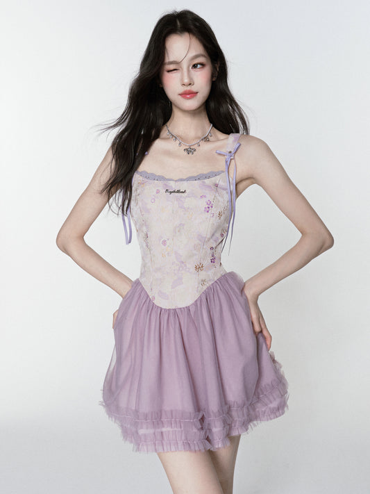 Floral Jacquard V-Waist Strappy Dress