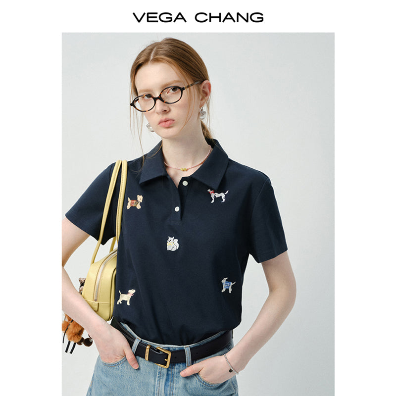 Puppy Motif Embroidered Polo Shirt