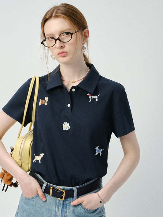Puppy Motif Embroidered Polo Shirt