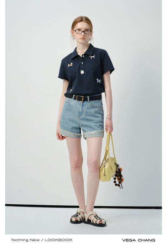 Puppy Motif Embroidered Polo Shirt