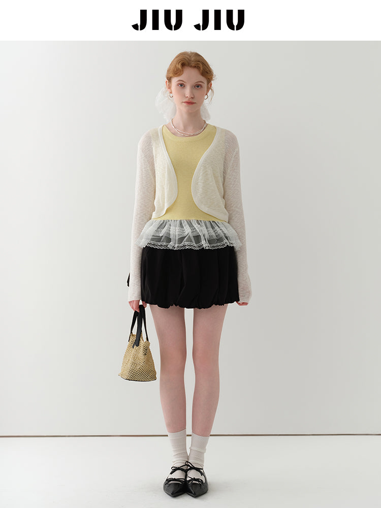 Open-Front Cropped Sheer Knit Cardigan